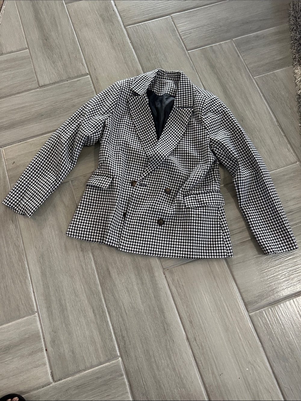 Double-Breasted Houndstooth Blazer Jacket - Black & White with lining Gingham